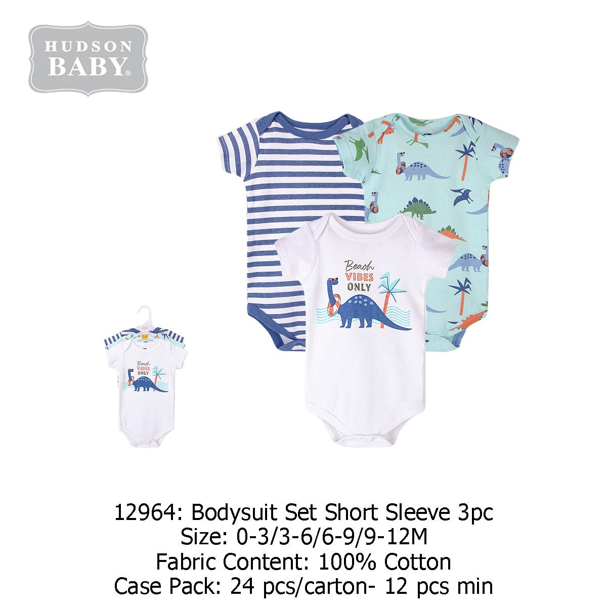 Hudson Baby Bodysuit with Short Sleeve 3pc-DINO