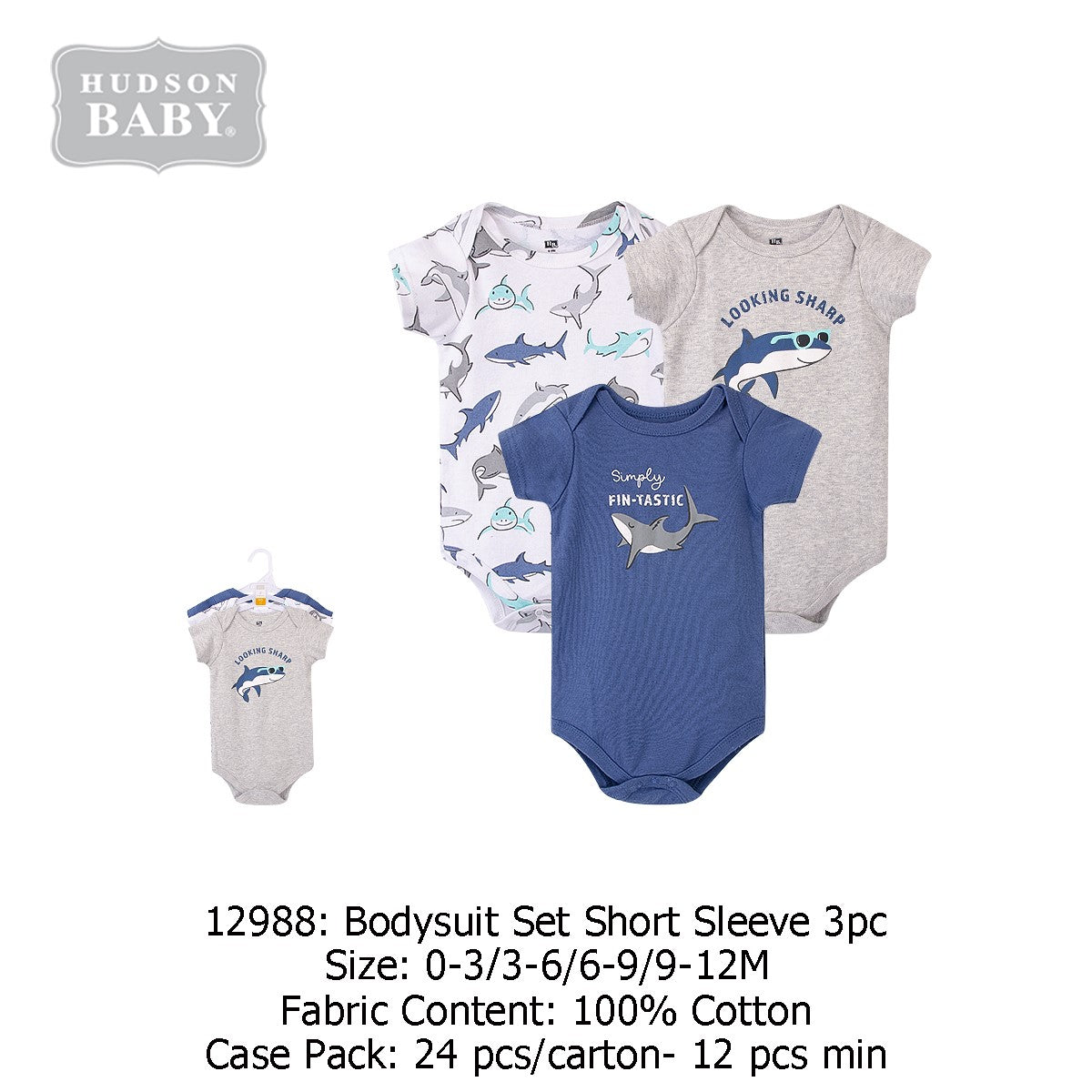 Hudson Baby Bodysuit with Short Sleeve 3pc-SHARK-1