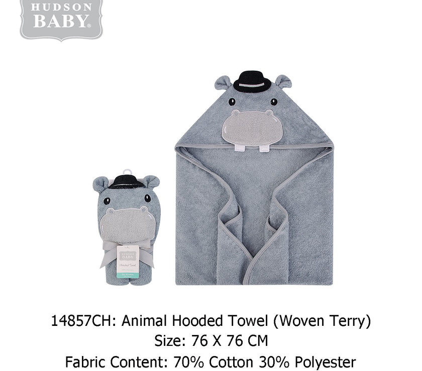 Hudson Baby Animal Hooded Towel (Woven Terry)-HIPPO